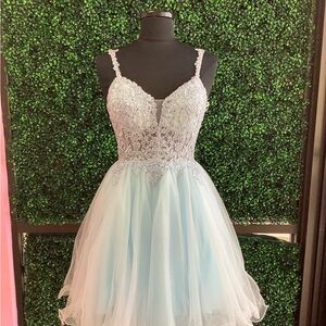 Baby Blue, Zippered Back, Lace Dress.  Actual color is darker than shown.